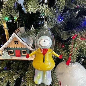 West Elm Festive Yellow and Red Glass Alien Ornament